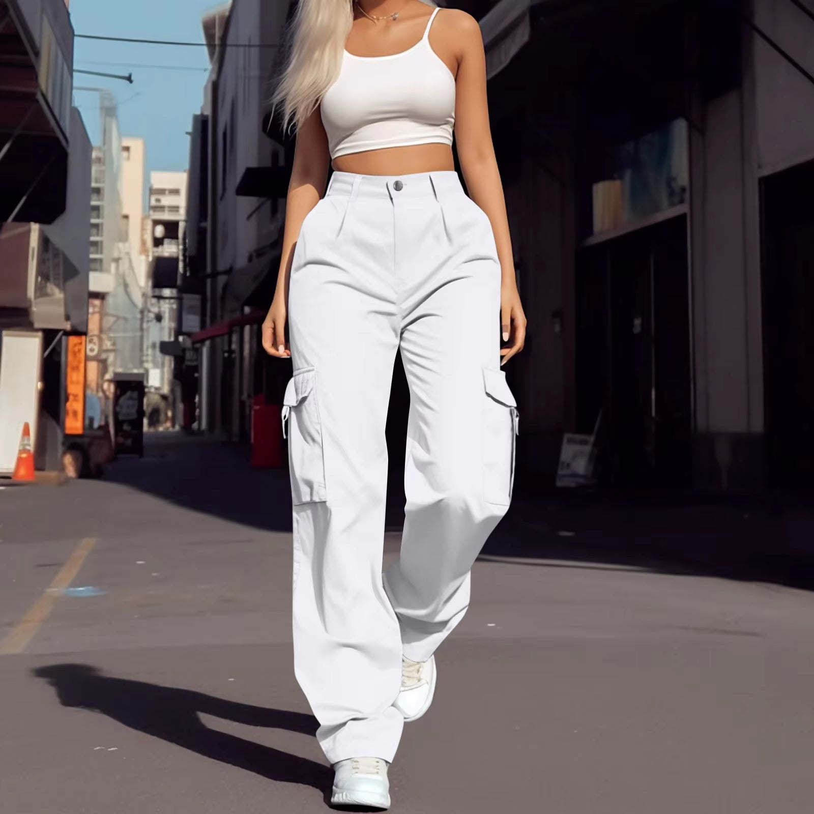 2024 Trendy Women Wide Leg Cargo Pants Street Vibes Flap Pockets Drawstring Ruched High Waist Parachute Women Pants