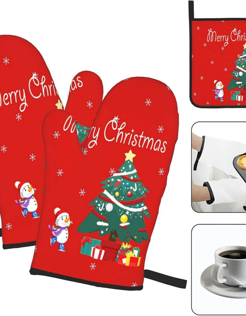 Load image into Gallery viewer, Christmas Oven Mitts - and Pot Holder Gloves Women Men Safe Cooking Oven Gloves for BBQ Cooking Housewarming Kitchen Decoration（ Christmas Oven Mitts Set Red）
