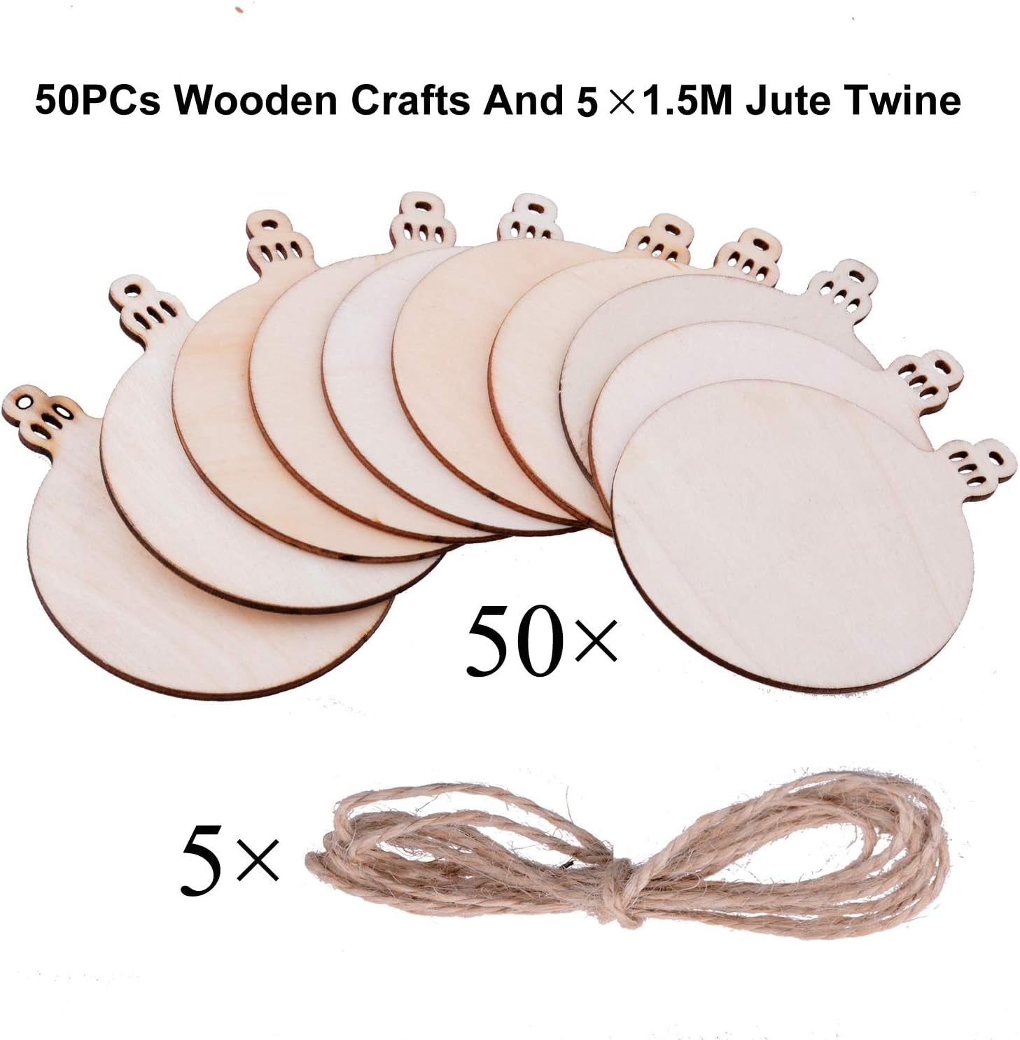 Pack of 50 Wooden Crafts to Paint Christmas Tree Hanging Ornaments Unfinished Wood Cutouts Christmas Decoration DIY Crafts (Wooden round Cutouts)